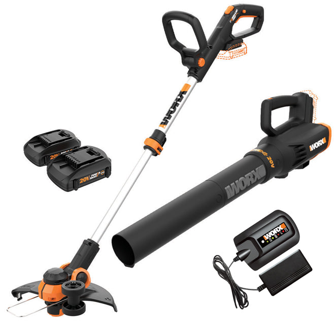 Worx -- 20V Cordless String Trimmer WG163 and Leaf Blower WG547 Combo w/Batteries & Charger