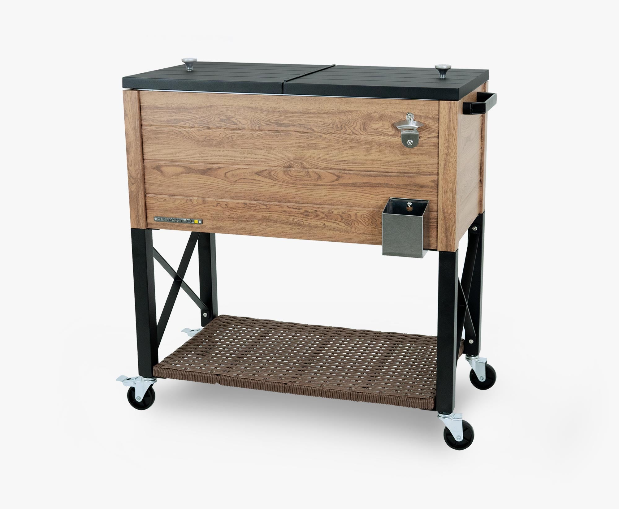 DISCONTINUED -- Permasteel - 80QT Rustic Wood Grain Patio Cooler w/Wicker Shelf