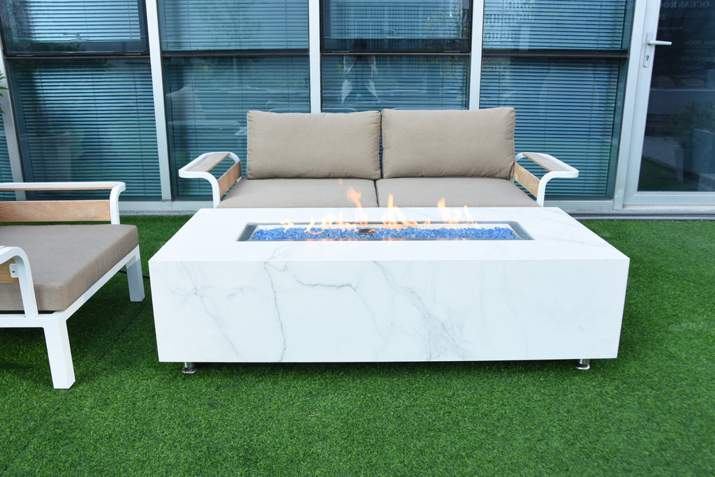 Elementi Plus - Carrara Porcelain Fire Table - White Rectangle - Liquid Propane