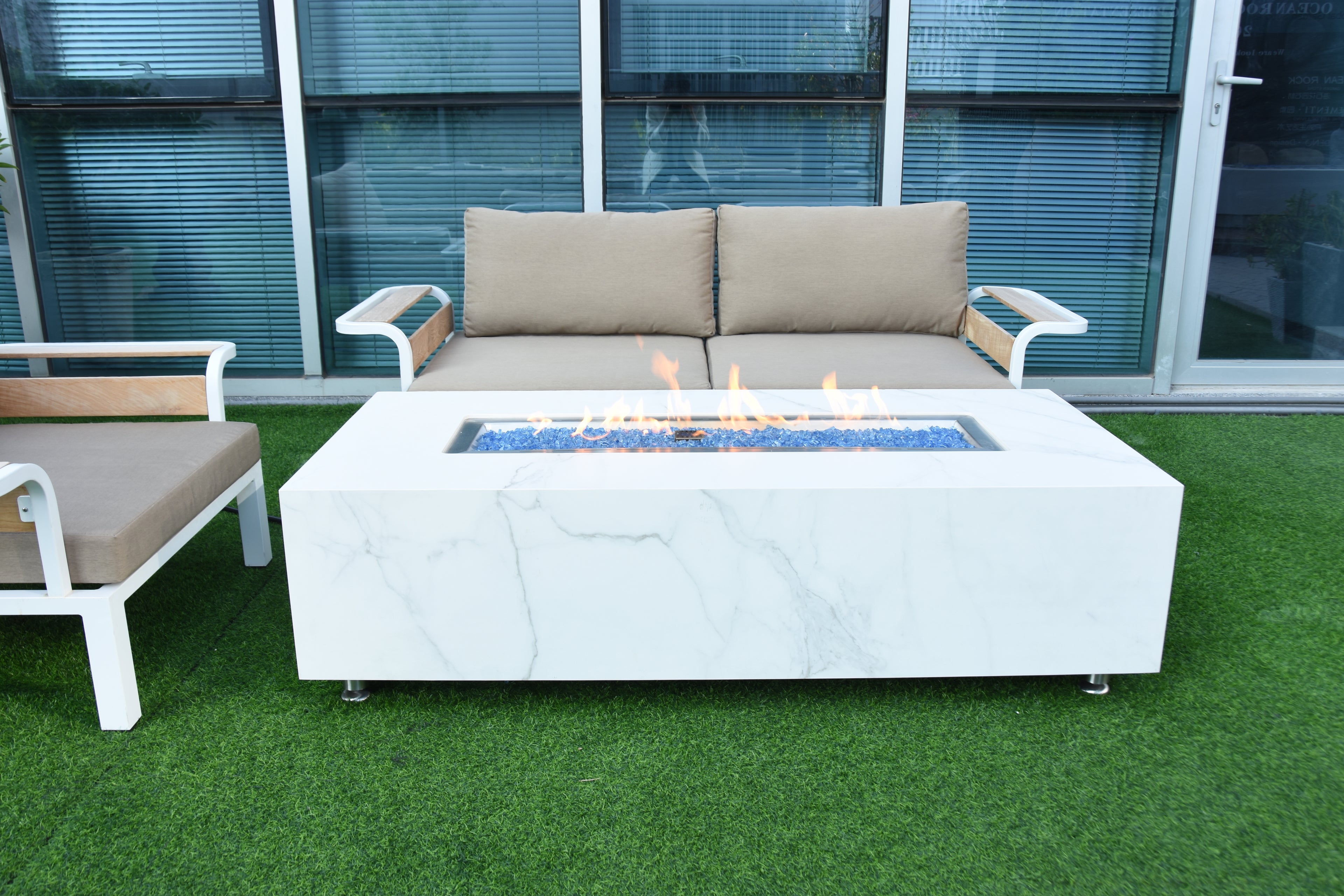 Elementi Plus - Carrara Porcelain Fire Table - White Rectangle - Natural Gas