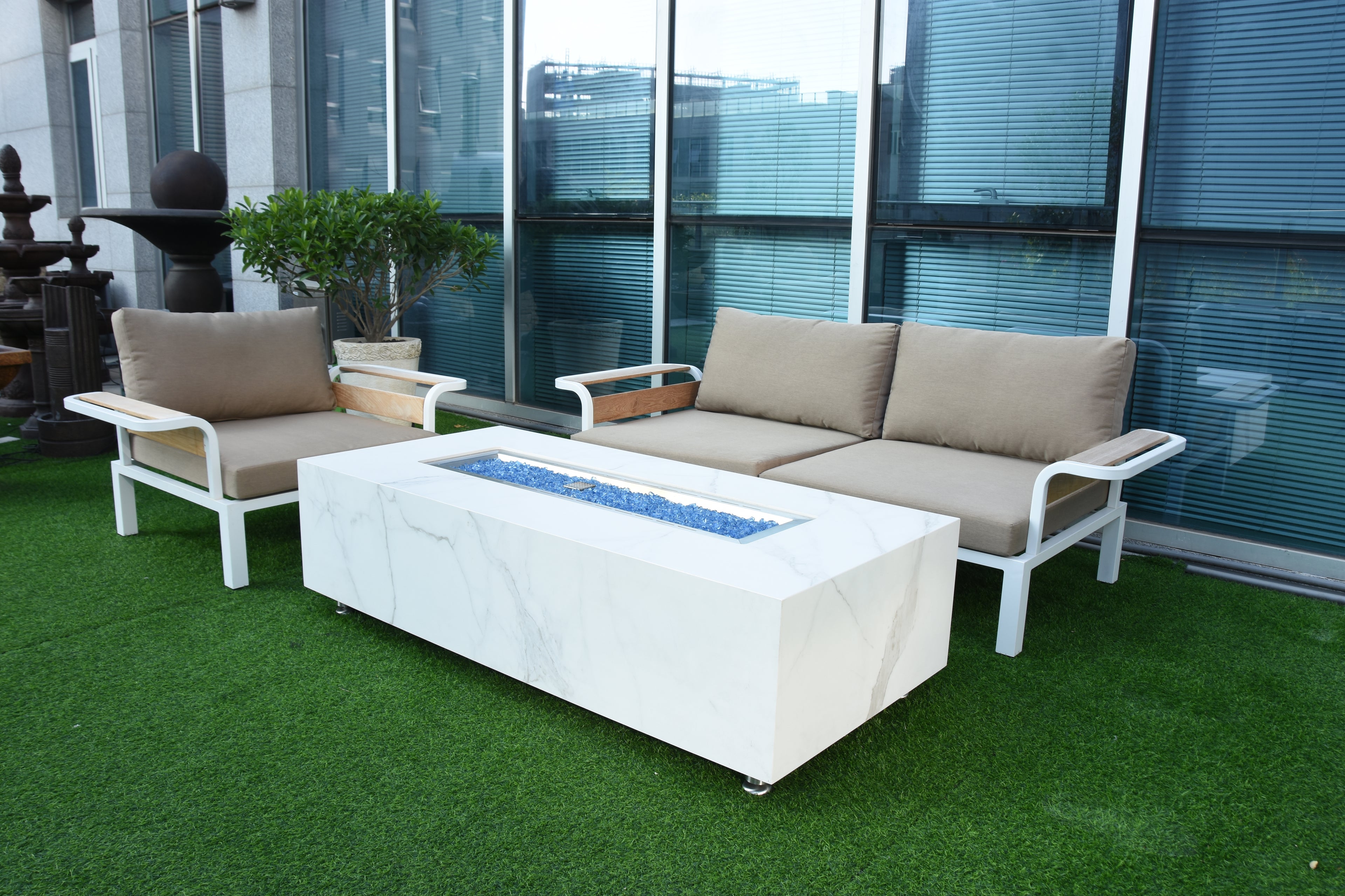 Elementi Plus - Carrara Porcelain Fire Table - White Rectangle - Liquid Propane