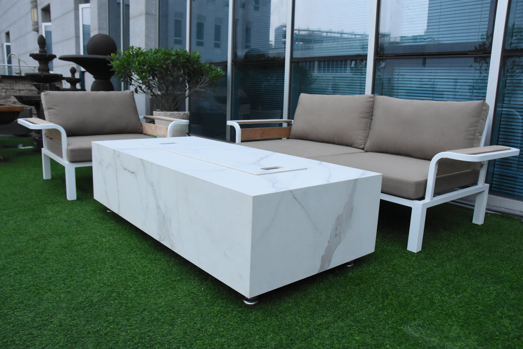 Elementi Plus - Carrara Porcelain Fire Table - White Rectangle - Liquid Propane