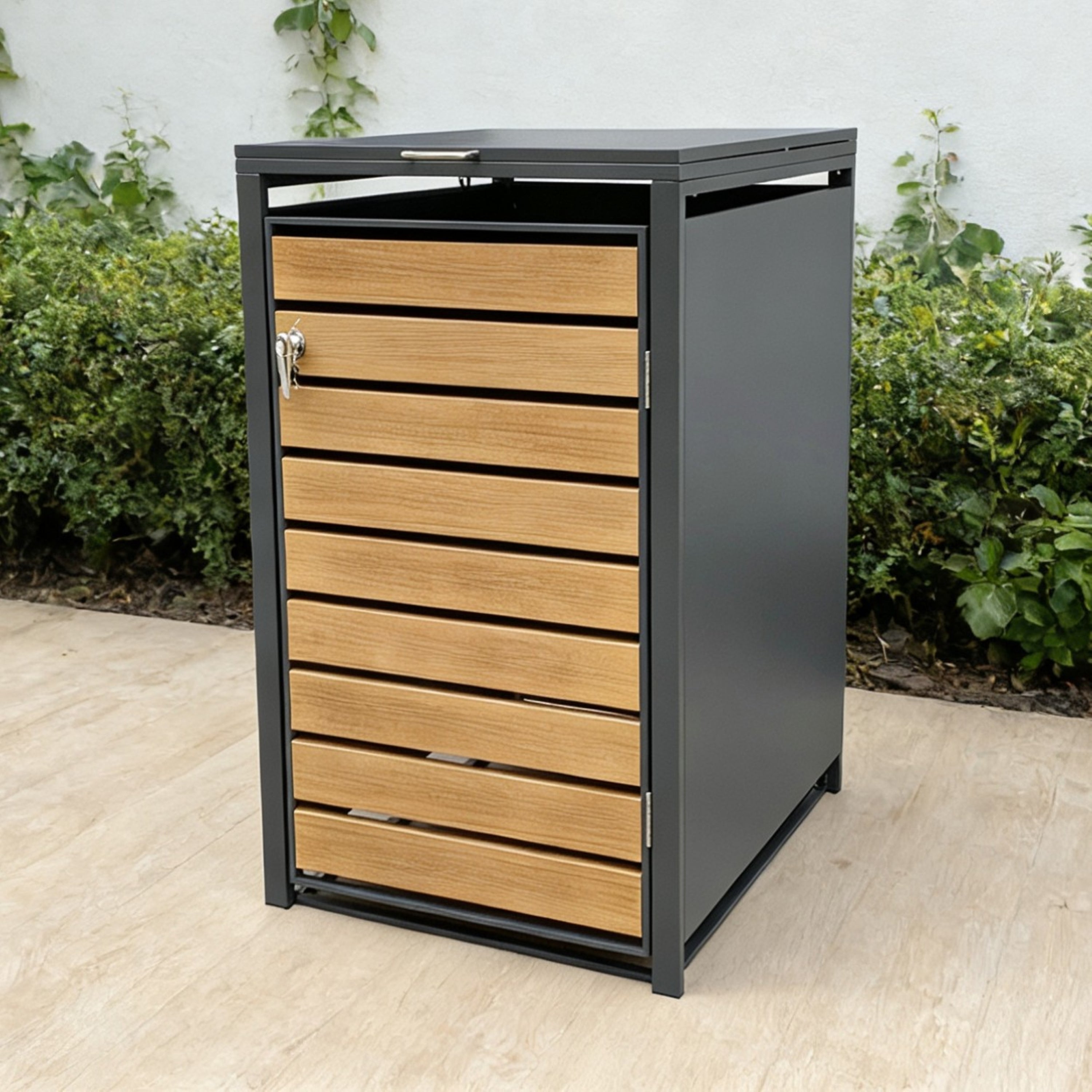 Single Refuse Shed - Large - Dark Grey with Wood Look Doors - Detail View 6