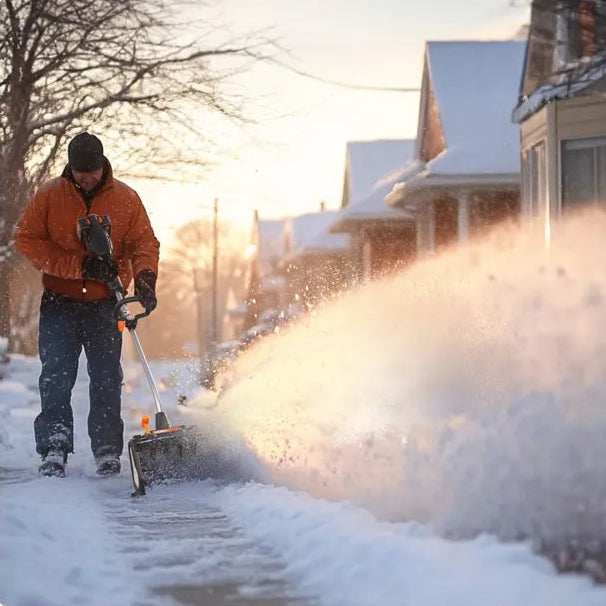 A man shoveling snow from a residential street at sunset, with large snow spray in the foreground and text at the top reading 'Effortless shoveling 25 ft. throwing distance'.