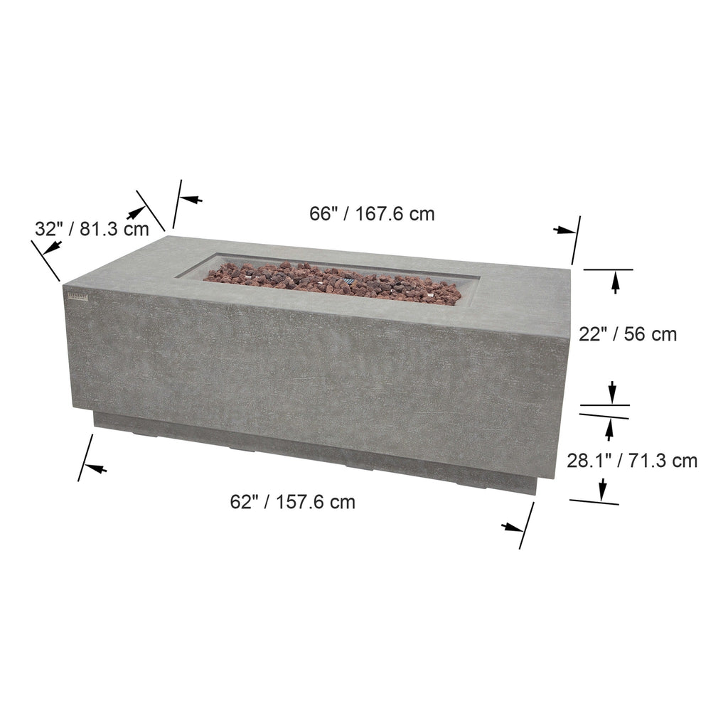Elementi Andes Fire Table Light Gray - Official Dimensions Diagram 66 inch Length x 32 inch Width x 22 inch Height