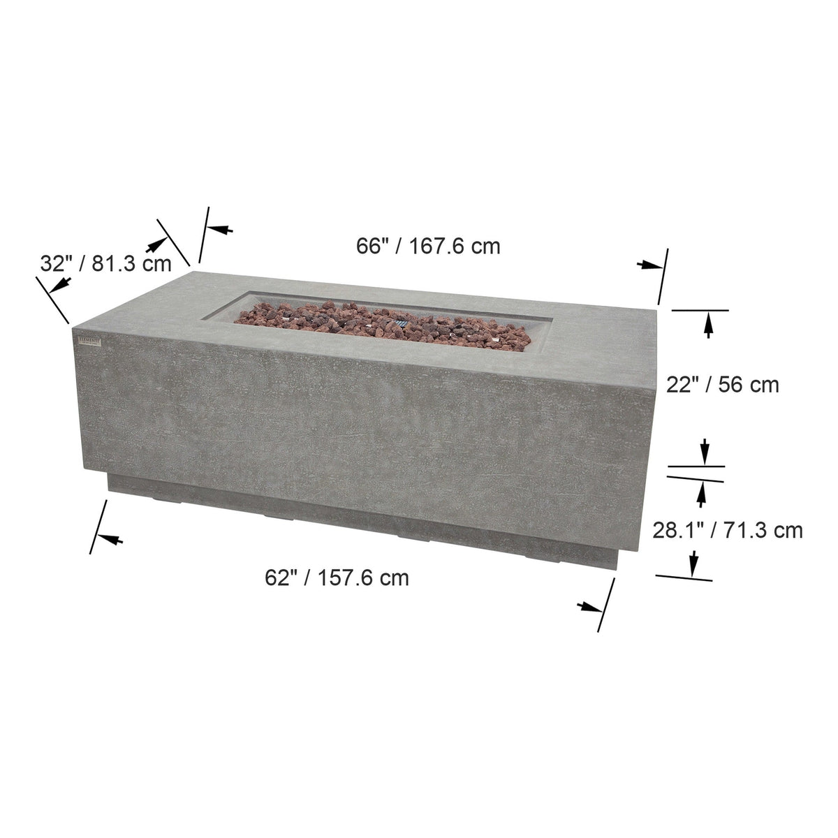 Elementi Andes Fire Table Light Gray - Official Dimensions Diagram 66 inch Length x 32 inch Width x 22 inch Height