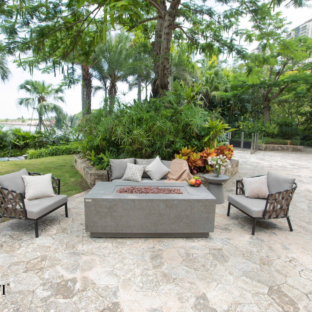 Elementi Andes Fire Table Light Gray - Stone Terrace Patio Scene with Sofa and Club Armchairs