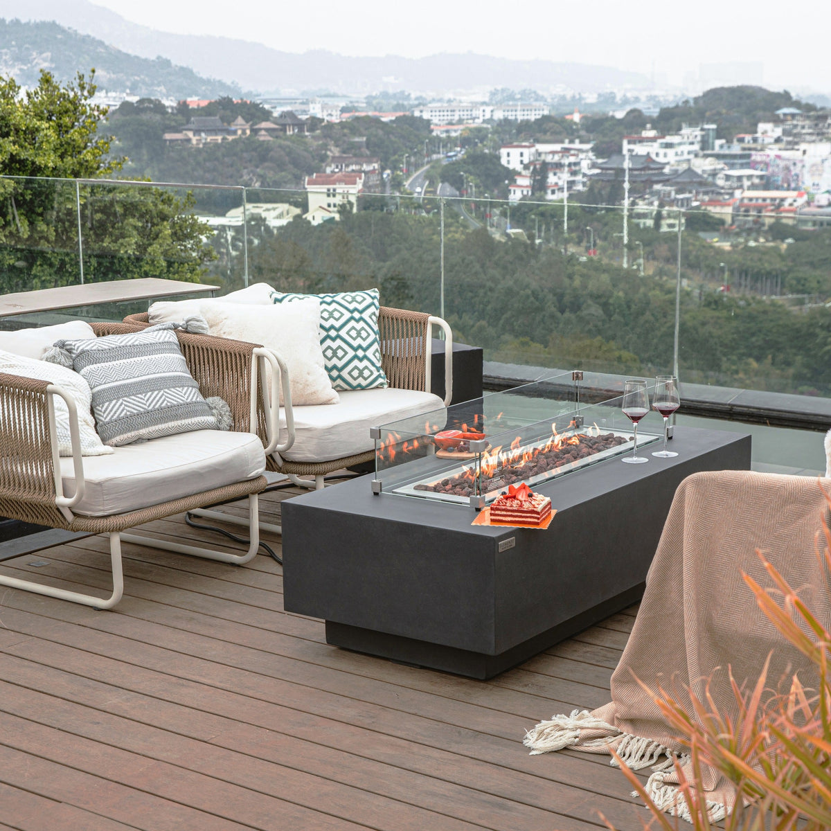 Elementi Granville Fire Table Dark Gray - Luxury Oceanfront Rooftop Terrace Evening Scene