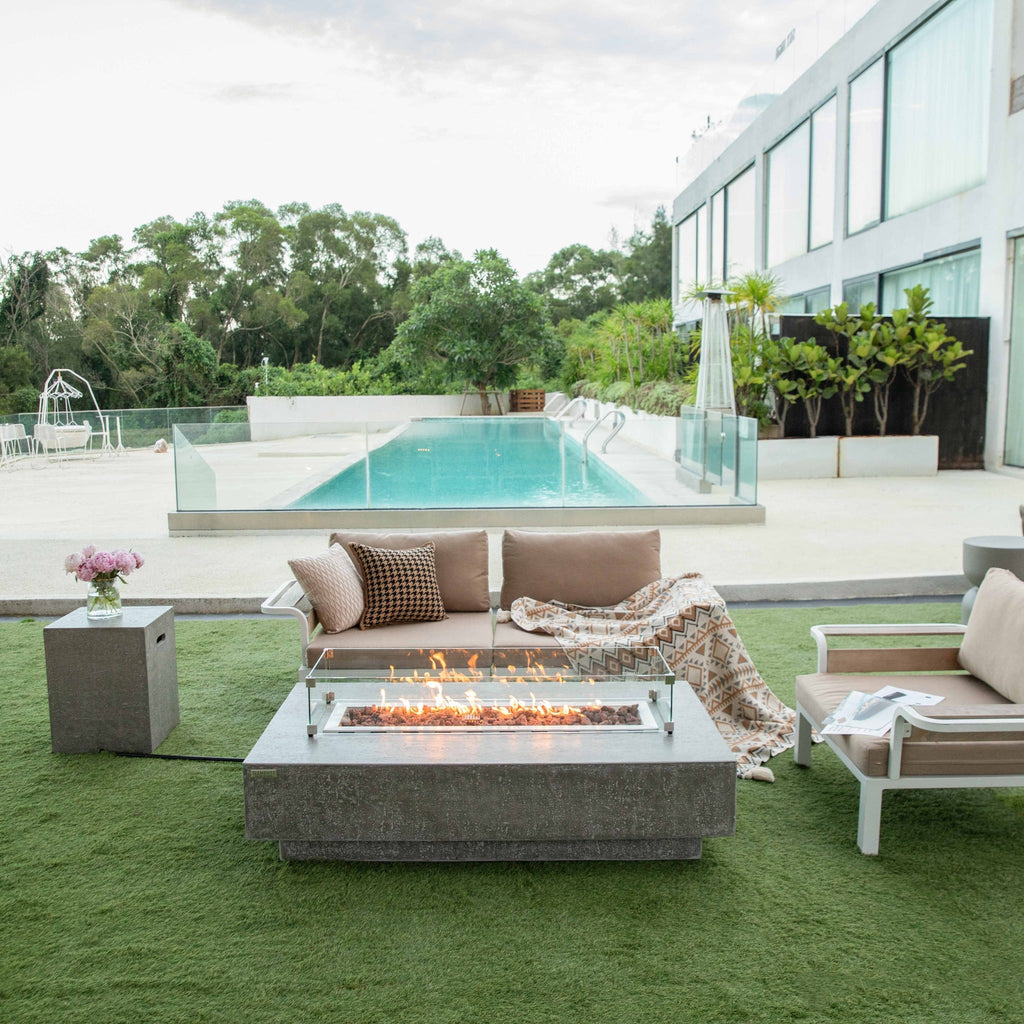 Elementi Hampton Fire Table - Modern Poolside Patio Setting with Matching Concrete Tank Cover