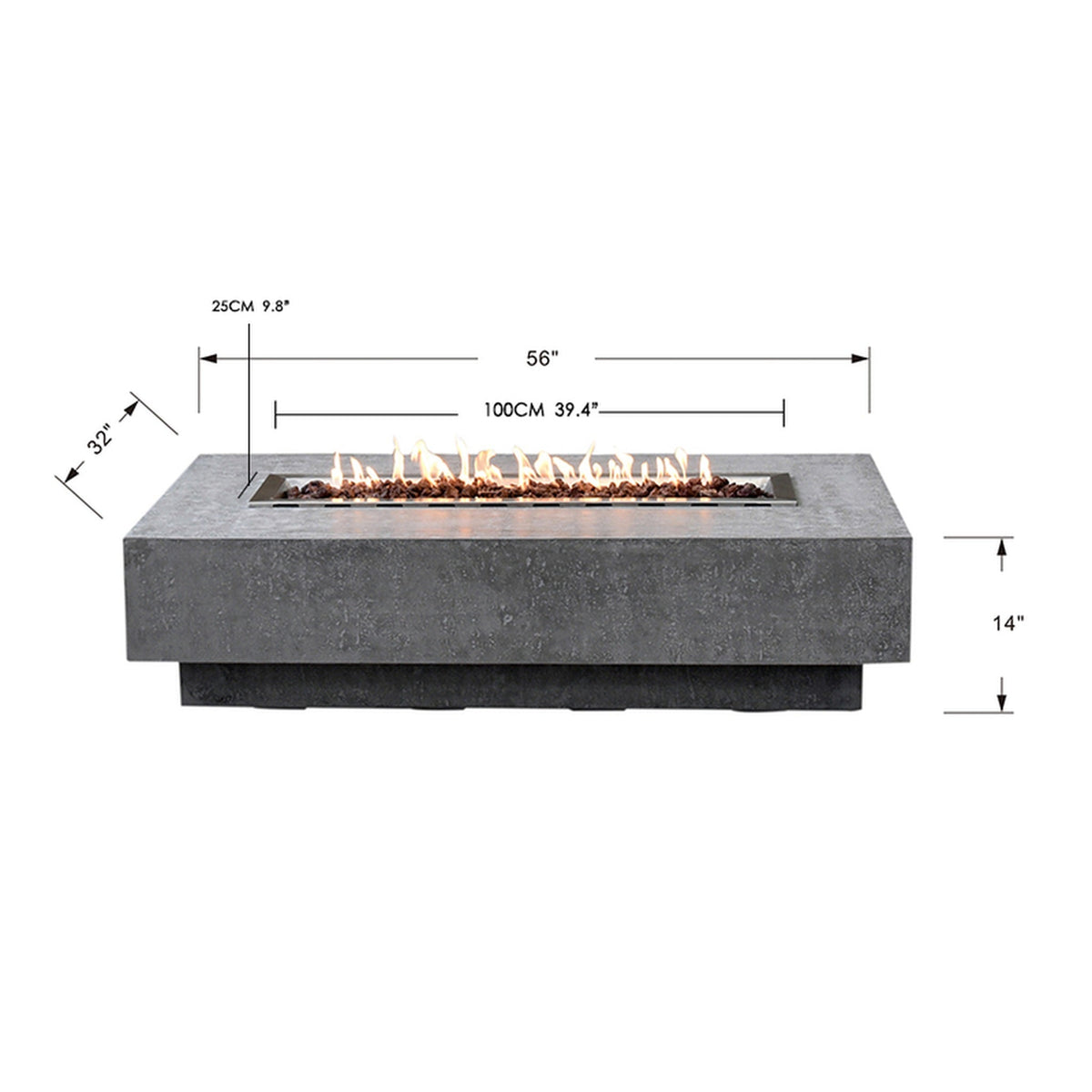 Elementi Hampton Fire Table - Official Dimensions Diagram 56 inch Length x 32 inch Width x 14 inch Height