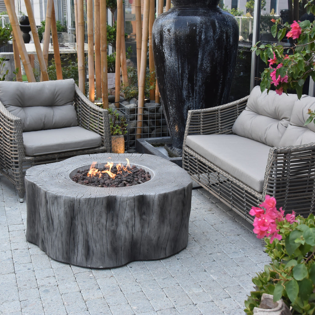 Elementi Manchester Fire Table - Classic Gray - Garden Terrace Living Scene with Outdoor Sofa