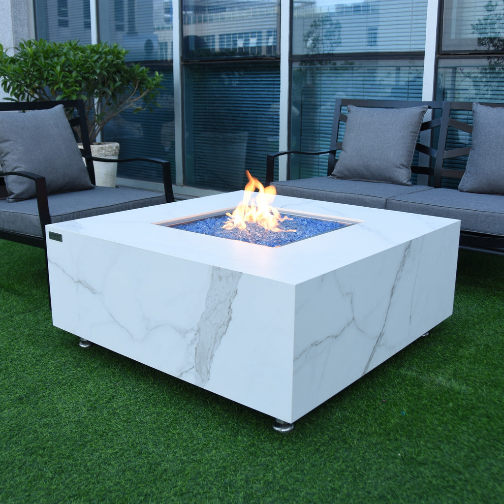 Elementi Plus Bianco Fire Table - High-Angle View of Modern Balcony Patio Conversation Area