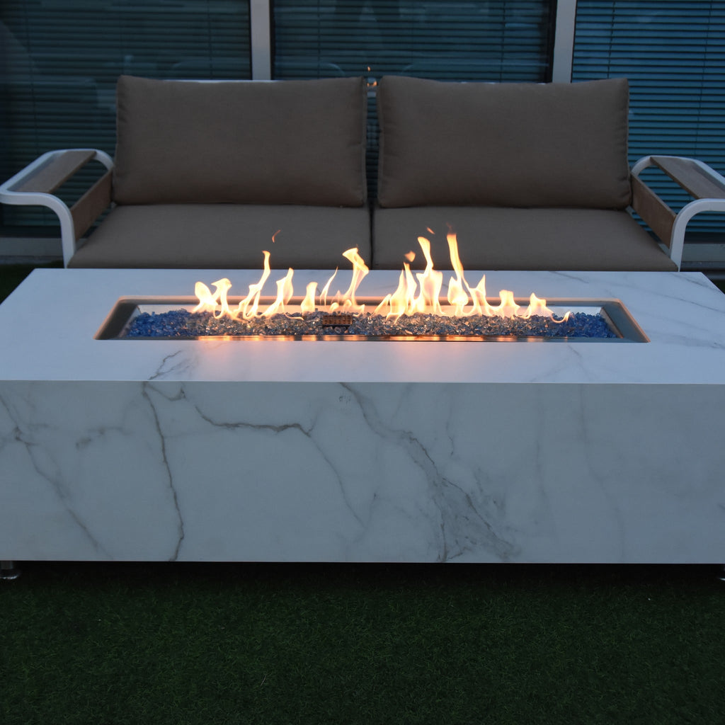 Elementi Plus Carrara Fire Table - Evening Outdoor Patio Lounge Setting with Dancing Flames