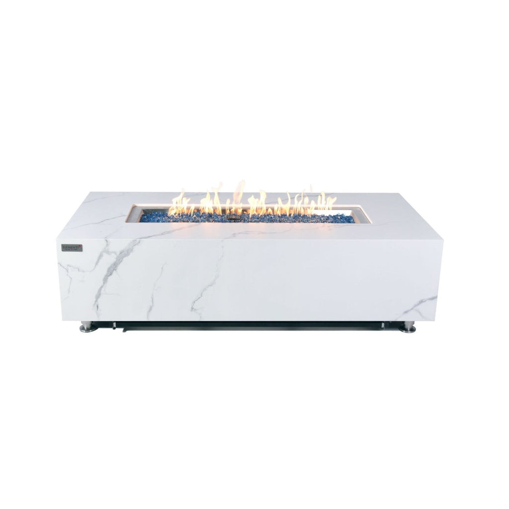 Elementi Plus Carrara Fire Table - White Porcelain Marble Front Studio View with Blue Fire Glass