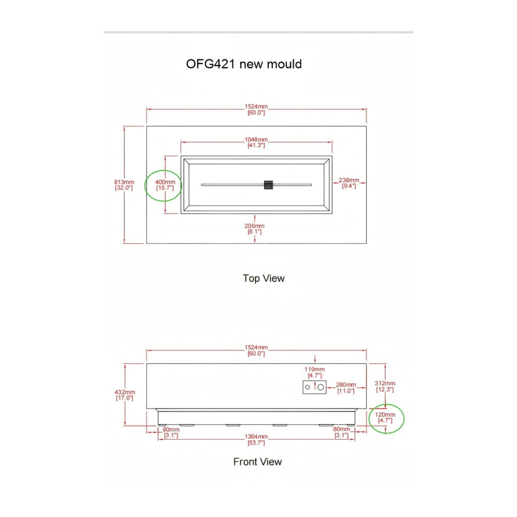 Elementi Plus Sarasota Fire Table - Technical Dimensions 60x32x17 Inch Top View and Front View Diagram