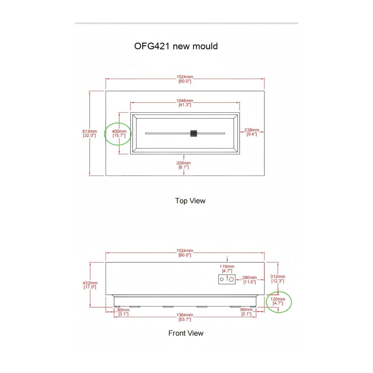 Elementi Plus Sarasota Fire Table - Technical Dimensions 60x32x17 Inch Top View and Front View Diagram