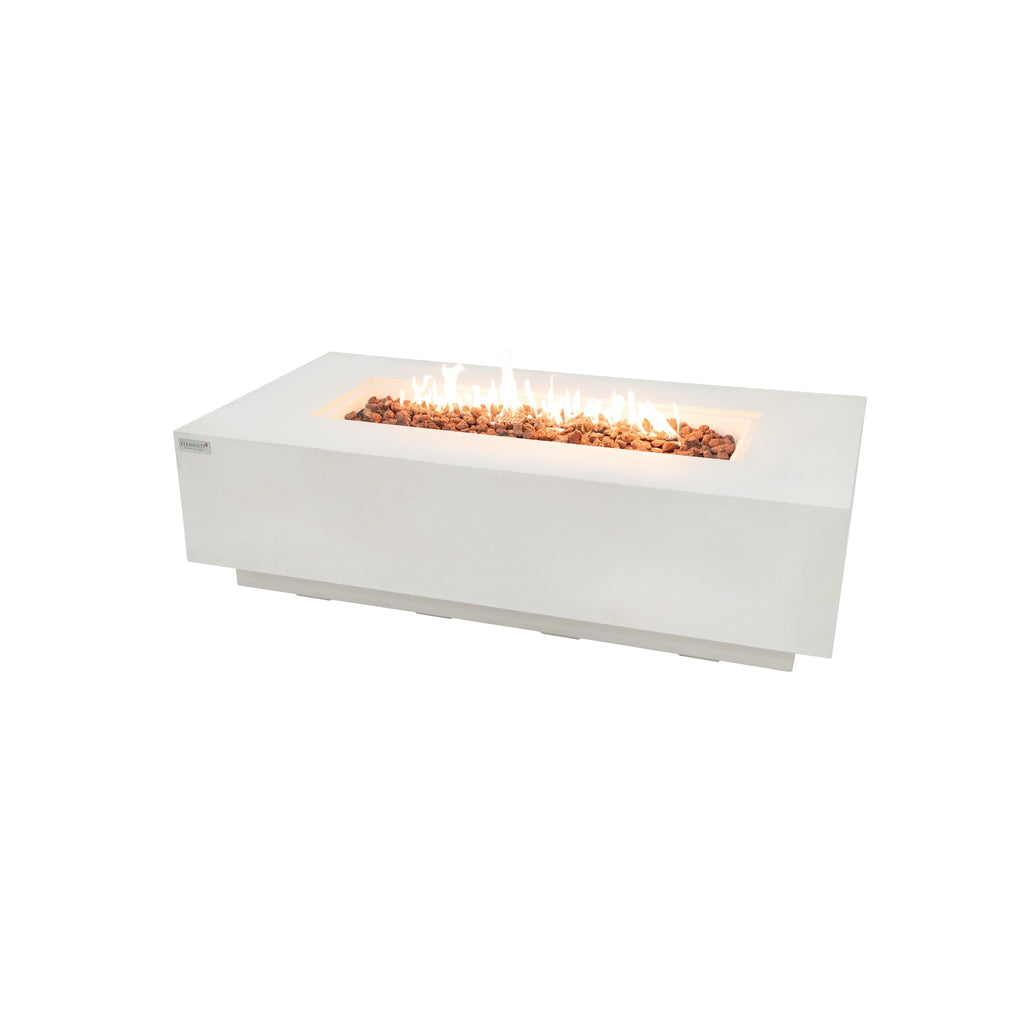 Elementi Plus Sarasota Fire Table - Frosted Cream White GFRC Concrete Rectangle - Hero View with Active Linear Flame