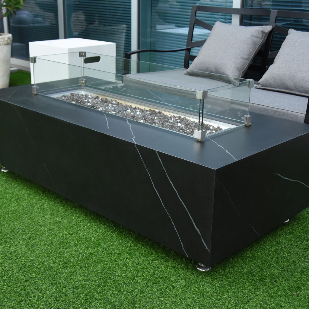 Elementi Plus Varna Fire Table - Modern Patio Lounge Setting with Glass Windscreen