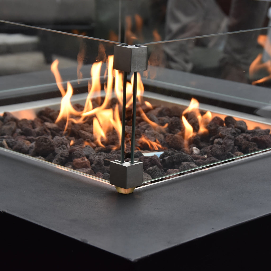 Modeno Aurora Fire Table - Roaring Flames Enclosed in Glass Windscreen Close-Up