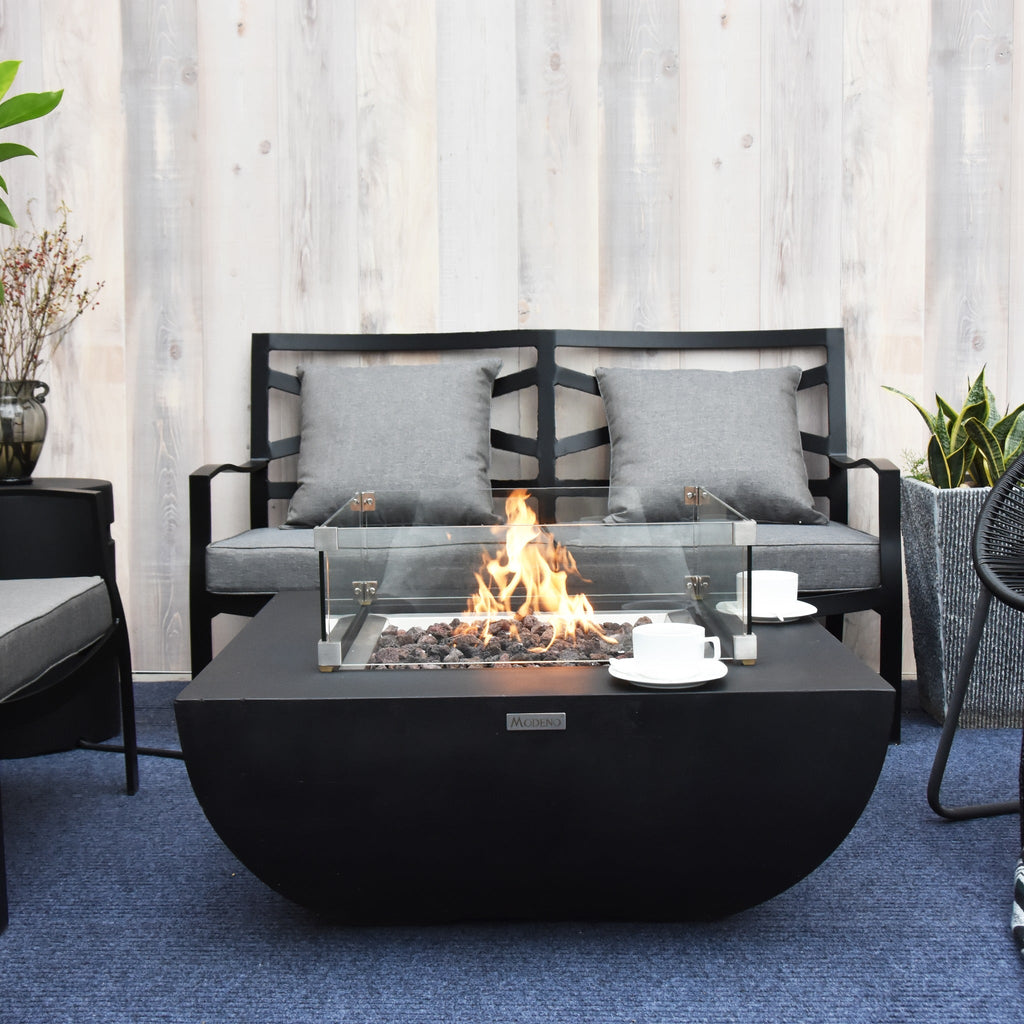 Modeno Aurora Fire Table - Square Tempered Glass Windscreen with Active Fire Pit on Patio