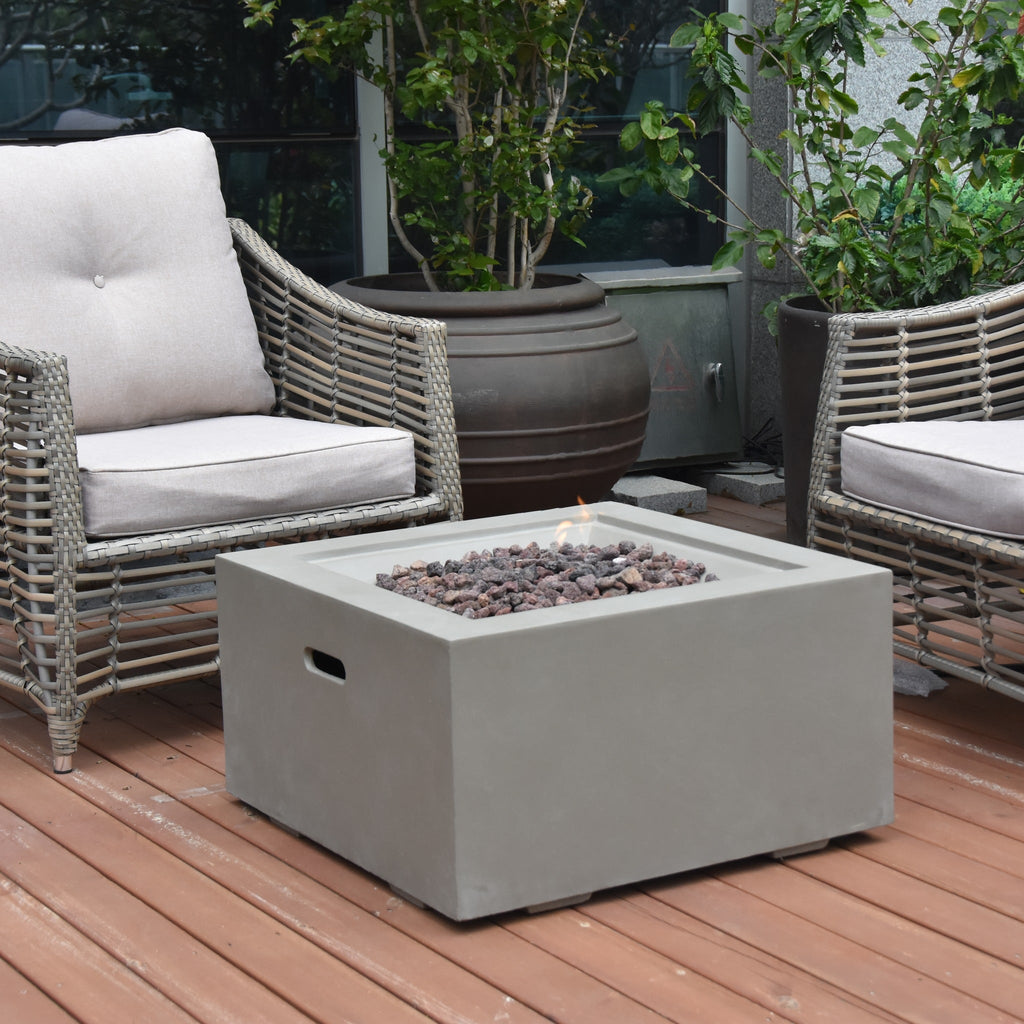 Modeno Ridgefield Fire Table - Cozy Wood Deck with Grey Wicker Armchairs - Elementi Fires