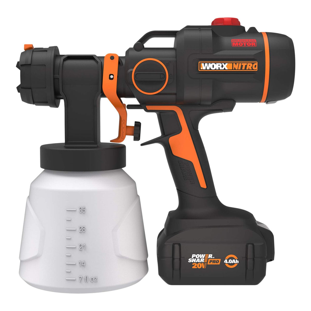 Worx Nitro 20V paint sprayer side view with 1000 ml paint container