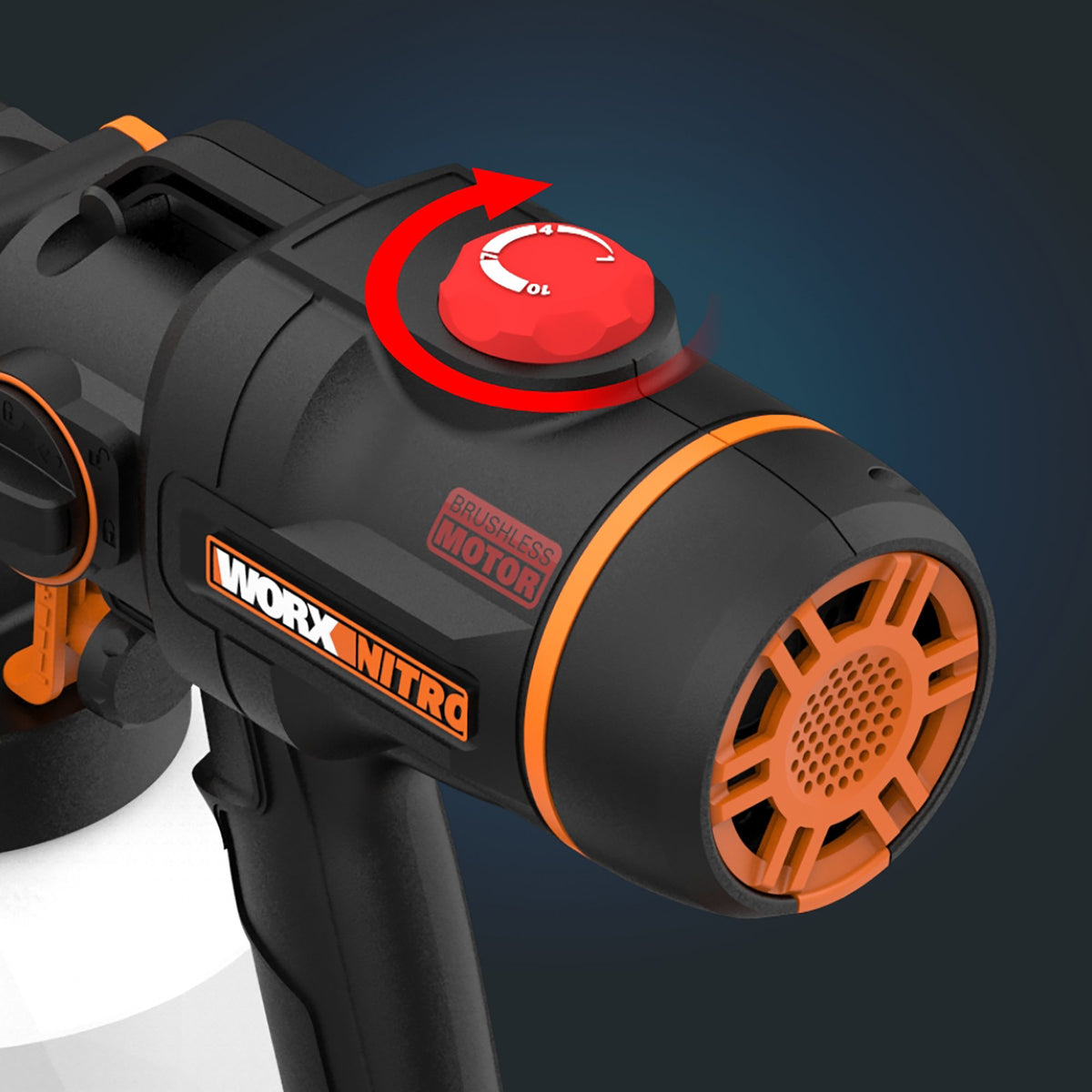 Worx Nitro paint sprayer flow control dial and brushless motor