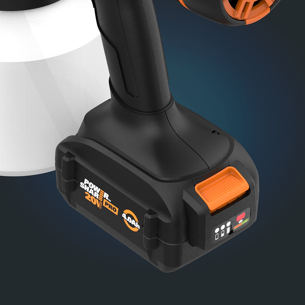 Worx Power Share PRO 20V 4.0Ah battery on the paint sprayer