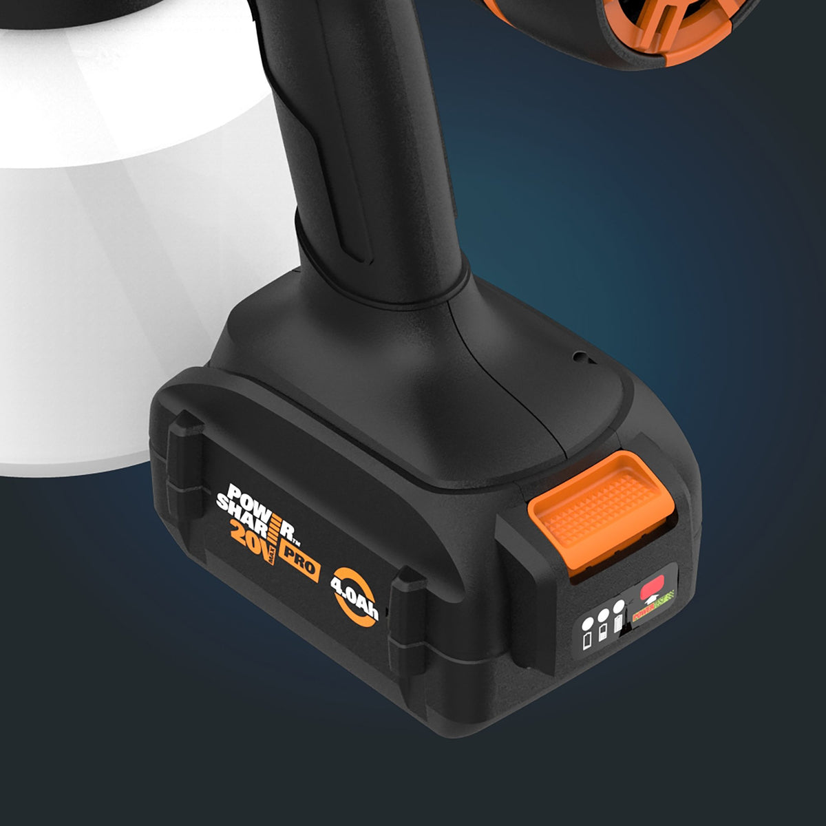 Worx Power Share PRO 20V 4.0Ah battery on the paint sprayer
